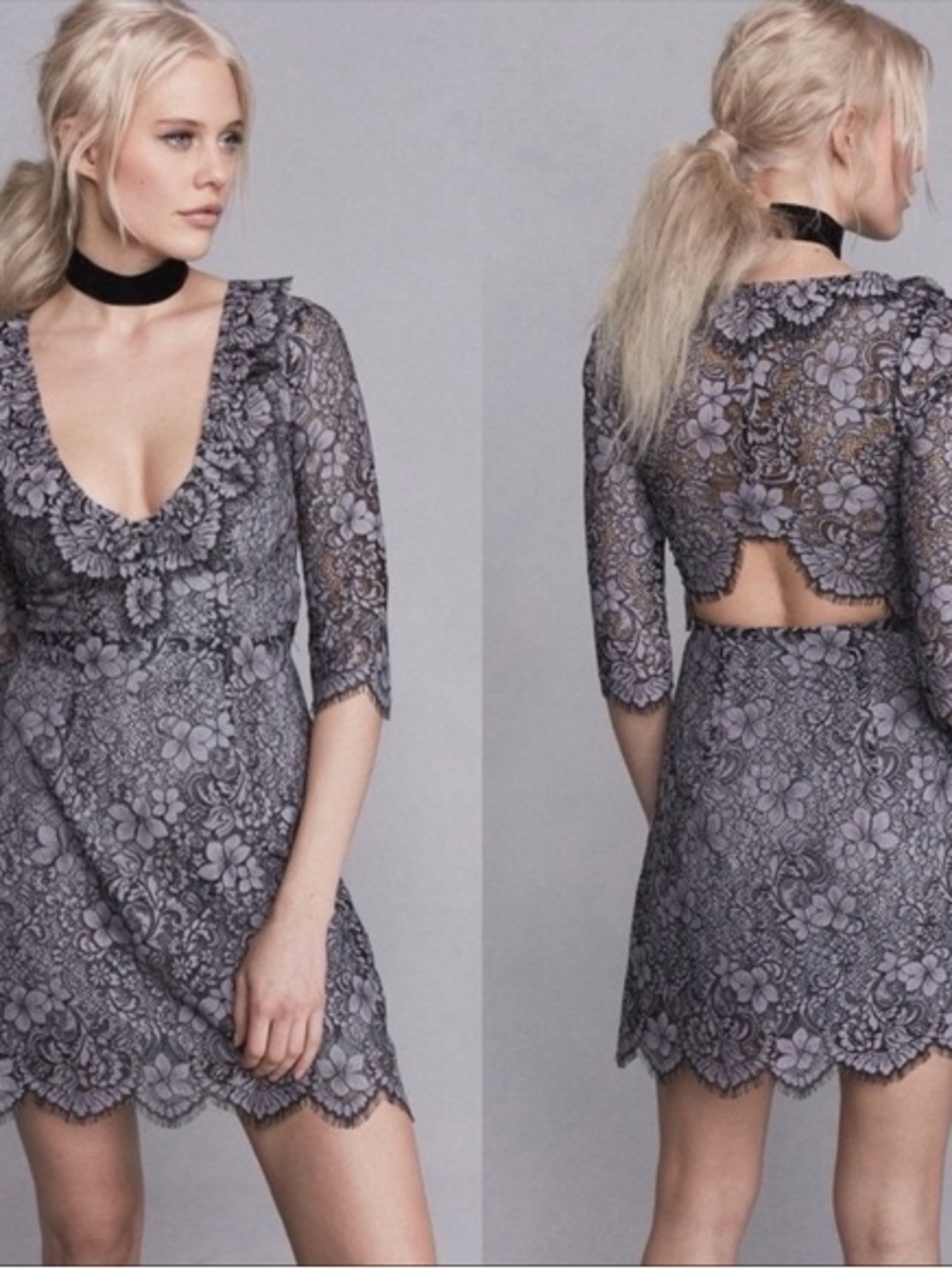 For Love & Lemons Theodora Lace Mini Dress Grey Size L - Picture 6 of 6